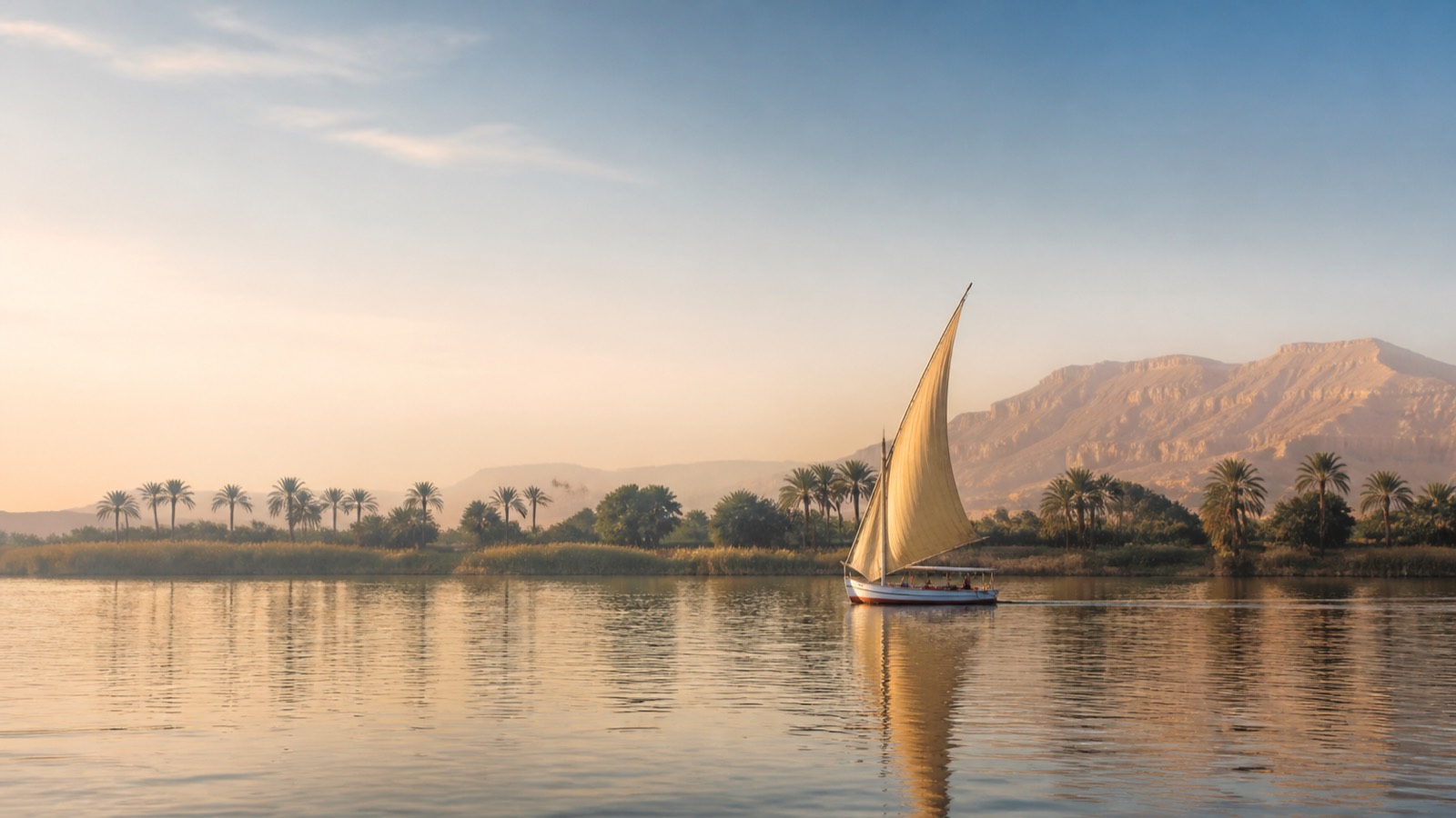 Editorial illustration: Soft morning light over the Nile and Luxor’s palm-lined banks