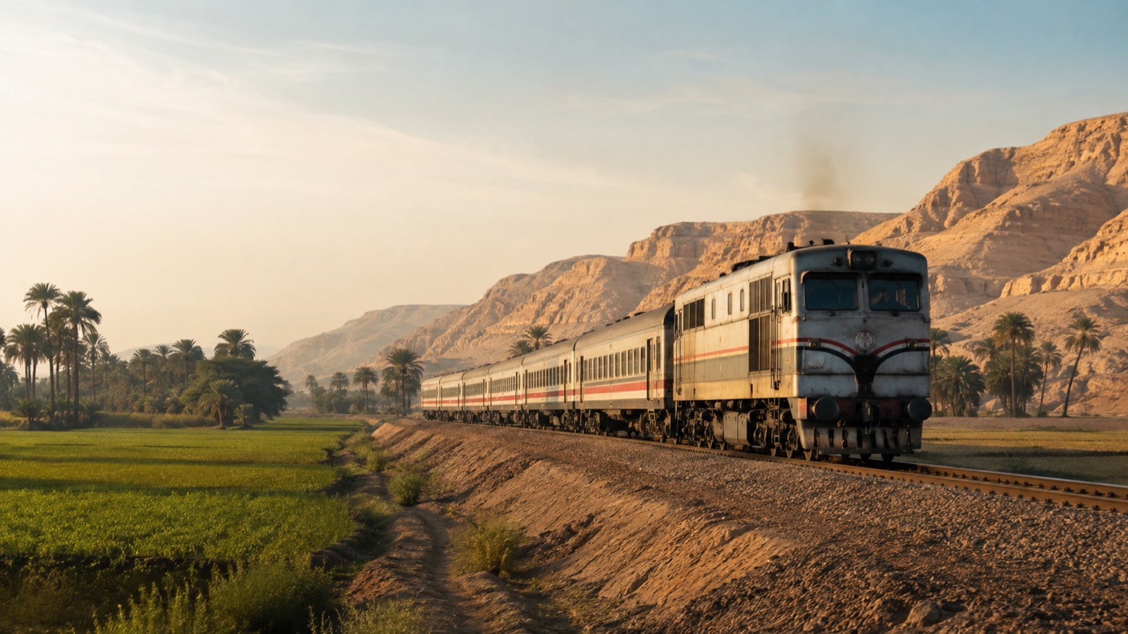 Editorial illustration: A passenger train travelling through green Nile Valley farmland