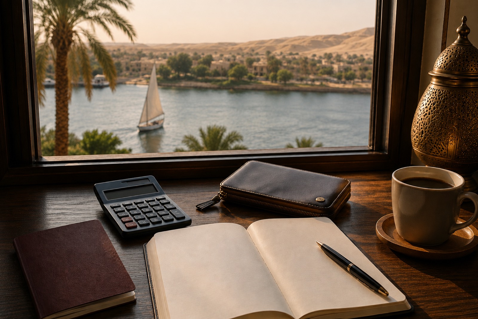 Editorial illustration: A travel budget notebook, wallet and calculator beside a Nile-view window