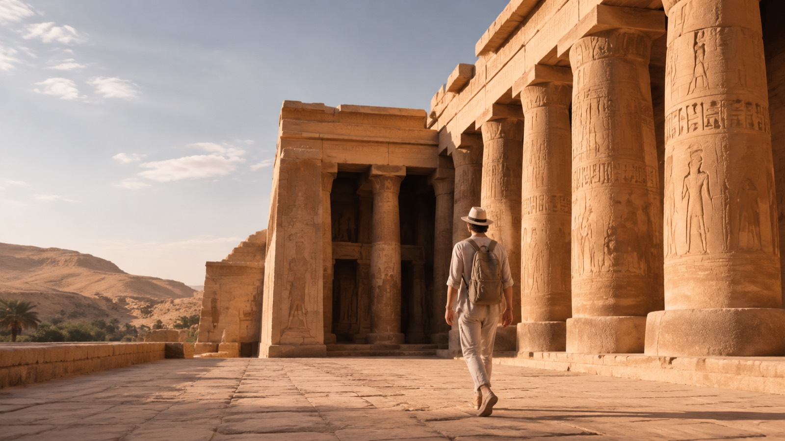 Editorial illustration: A prepared traveller walking into a sunlit Egyptian temple colonnade