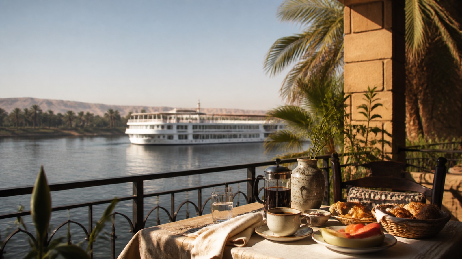 Editorial illustration: A quiet riverside breakfast with a Nile cruise ship in the distance