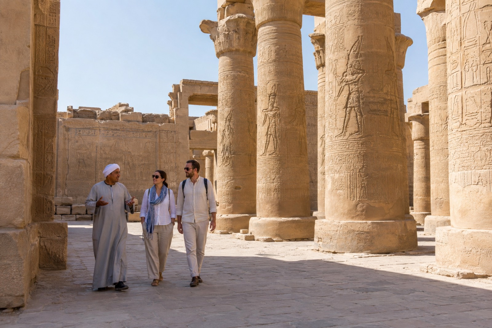 Editorial illustration: Adult travellers exploring a temple courtyard with a local guide