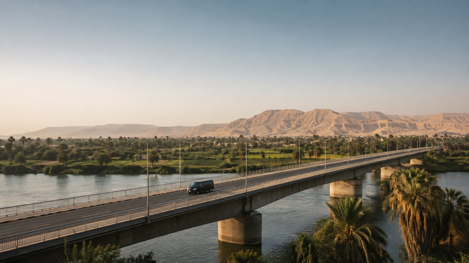 Editorial illustration: A private transfer vehicle crossing a bridge over the Nile