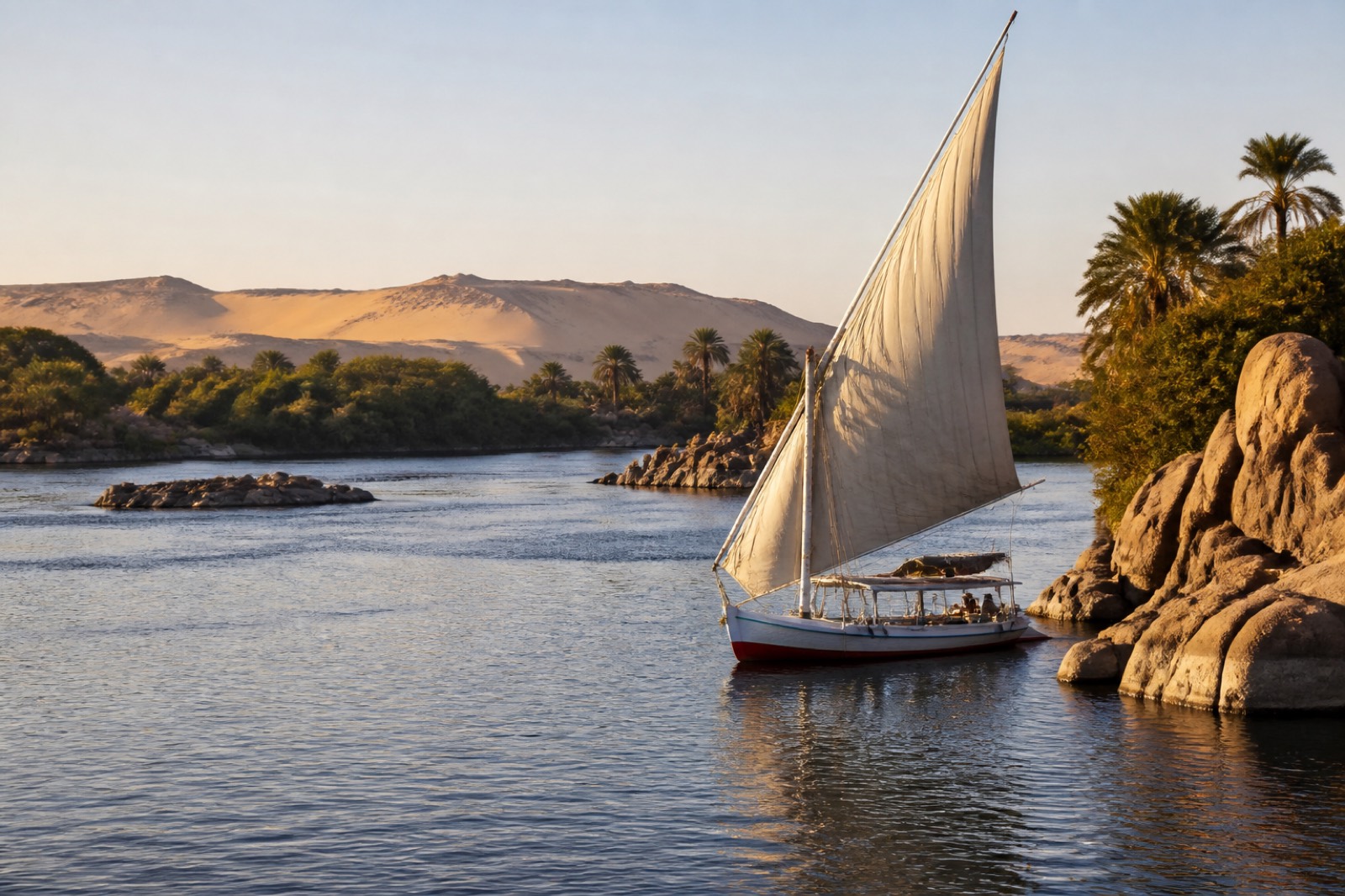 Editorial illustration: A felucca sailing between granite rocks and palm-lined islands near Aswan