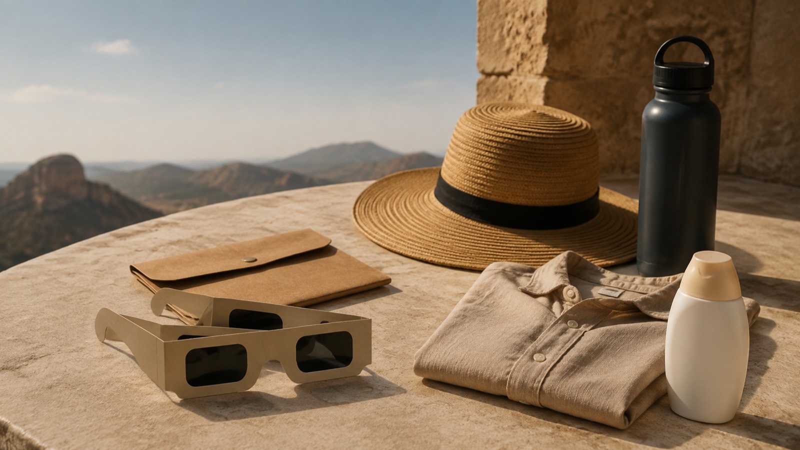 Editorial illustration: Solar viewers, a sun hat, water and a light shirt arranged for eclipse-day packing