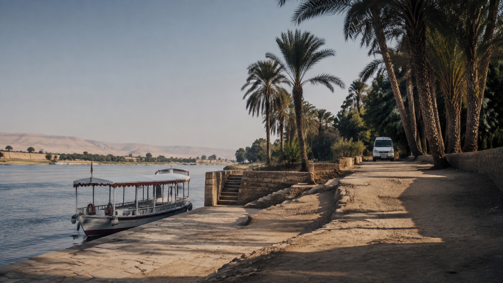 Editorial illustration: A Nile landing, passenger boat and waiting minivan illustrating last-mile transport
