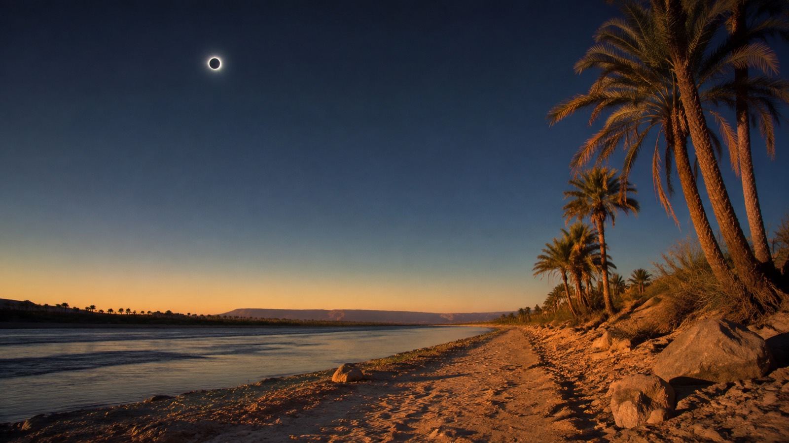 Editorial illustration: An illustrative future total solar eclipse above an open Nile horizon
