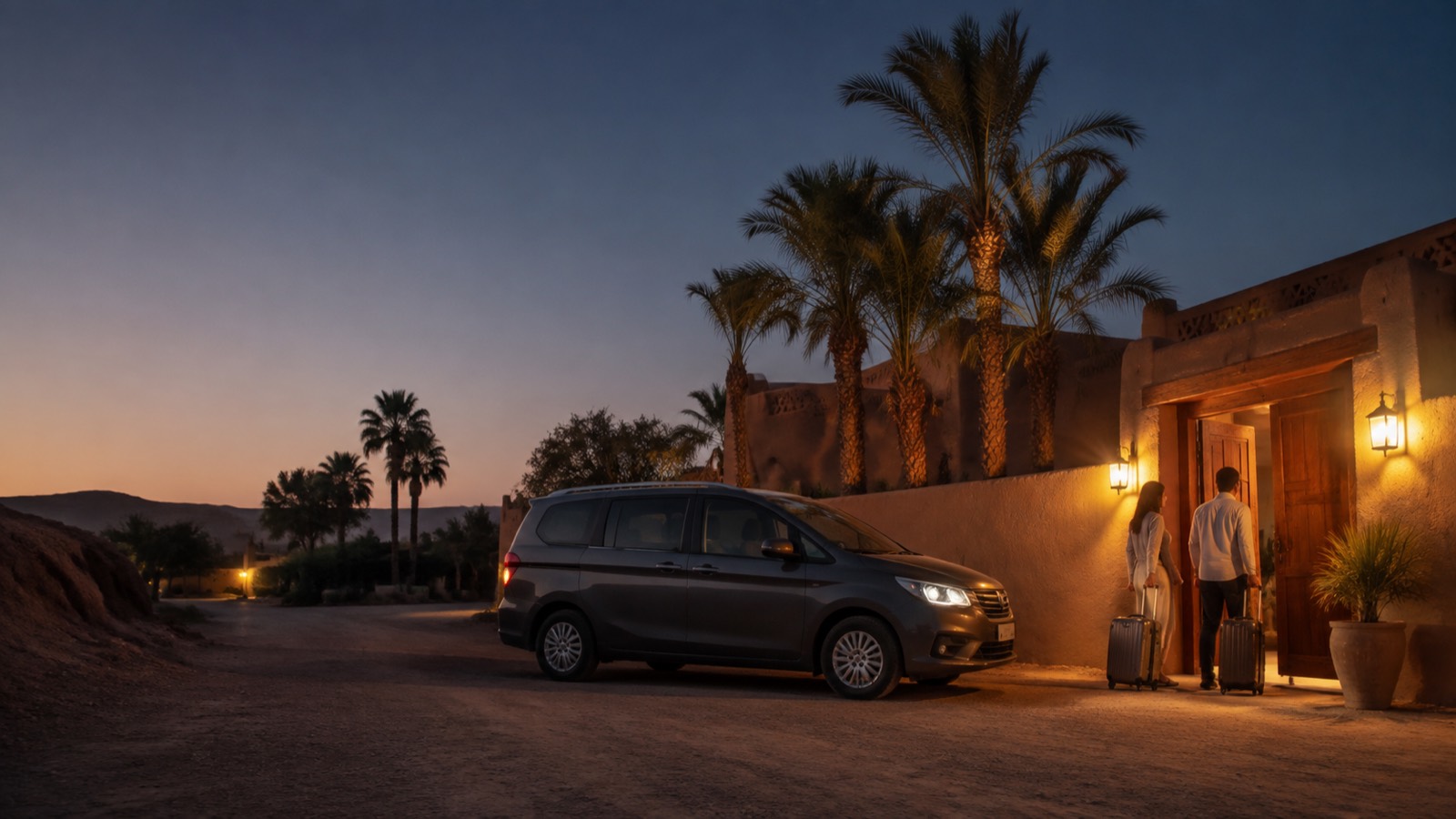 Editorial illustration: A passenger minivan waiting at a Luxor villa before dawn