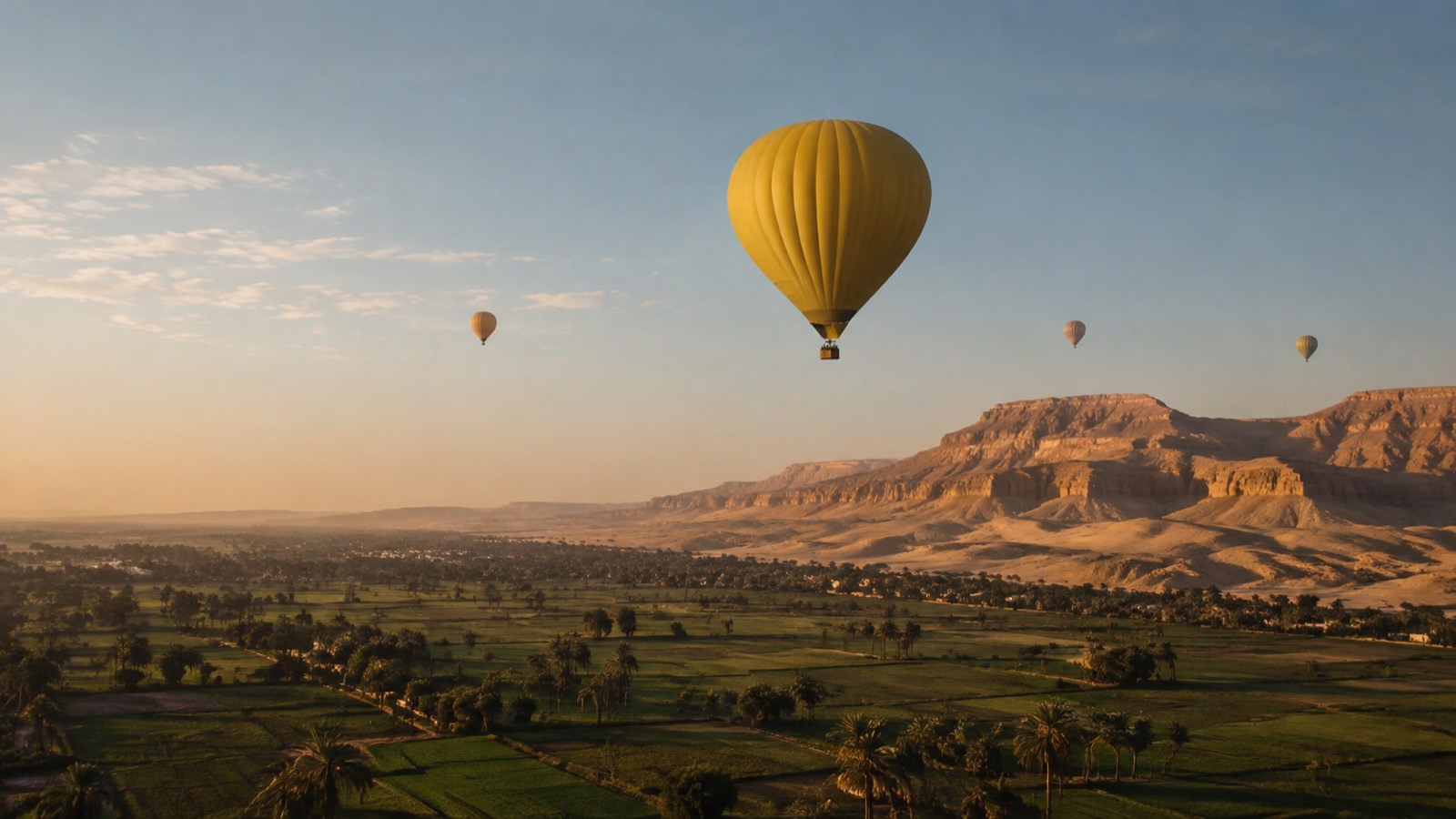 Editorial illustration: Hot air balloons above Luxor’s fields and Theban hills at sunrise