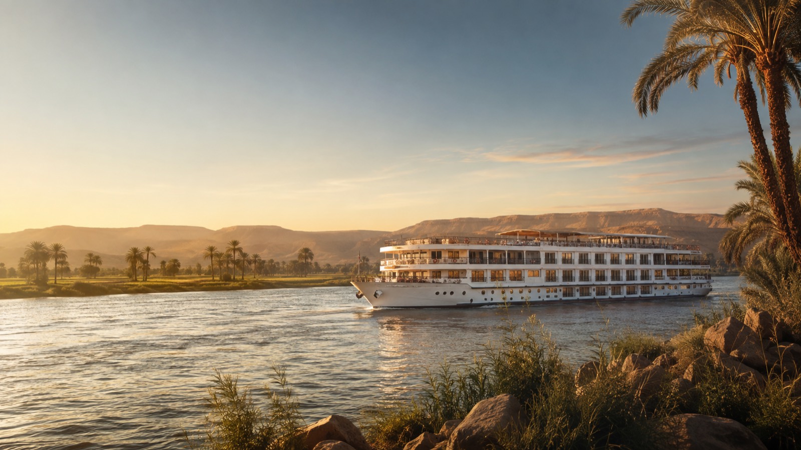 Editorial illustration: A multi-deck river cruise ship travelling along the Nile