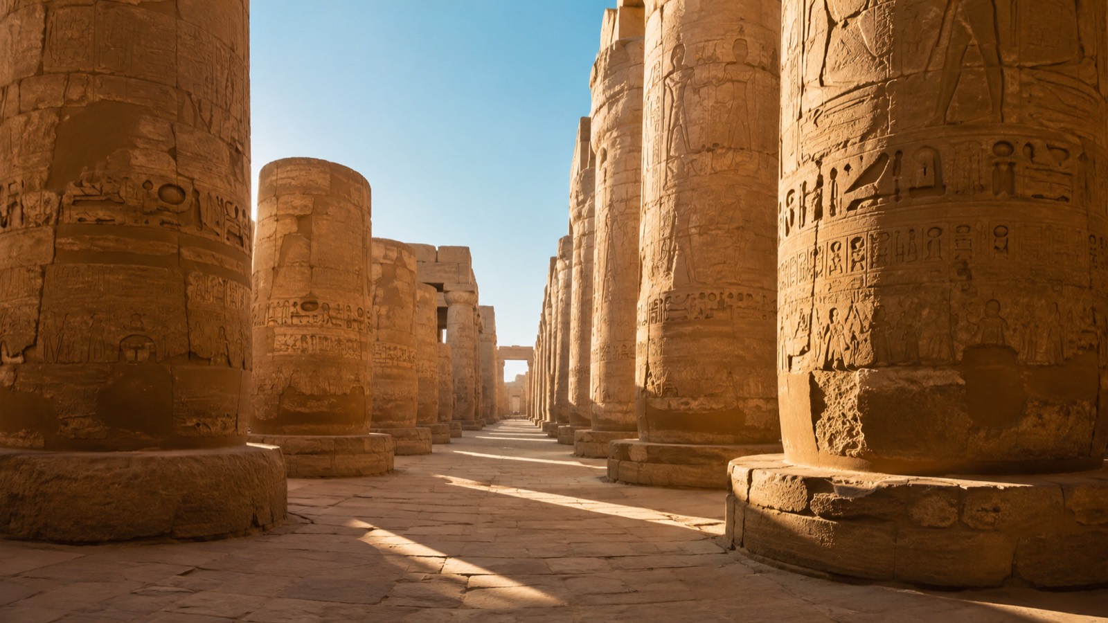 Editorial illustration of Karnak's sandstone colonnades