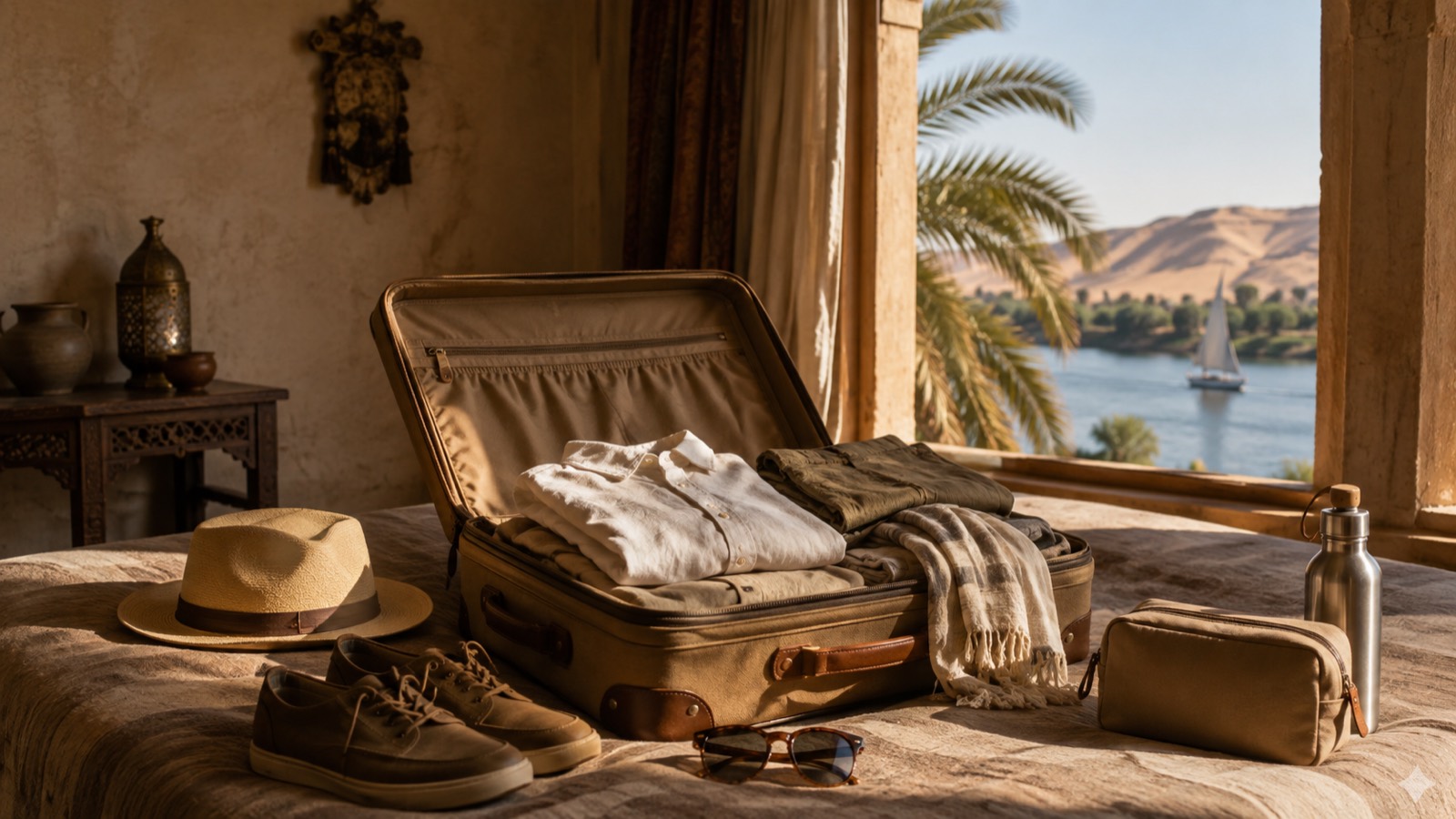 Editorial illustration: A neatly packed suitcase with linen clothing and practical Egypt travel essentials