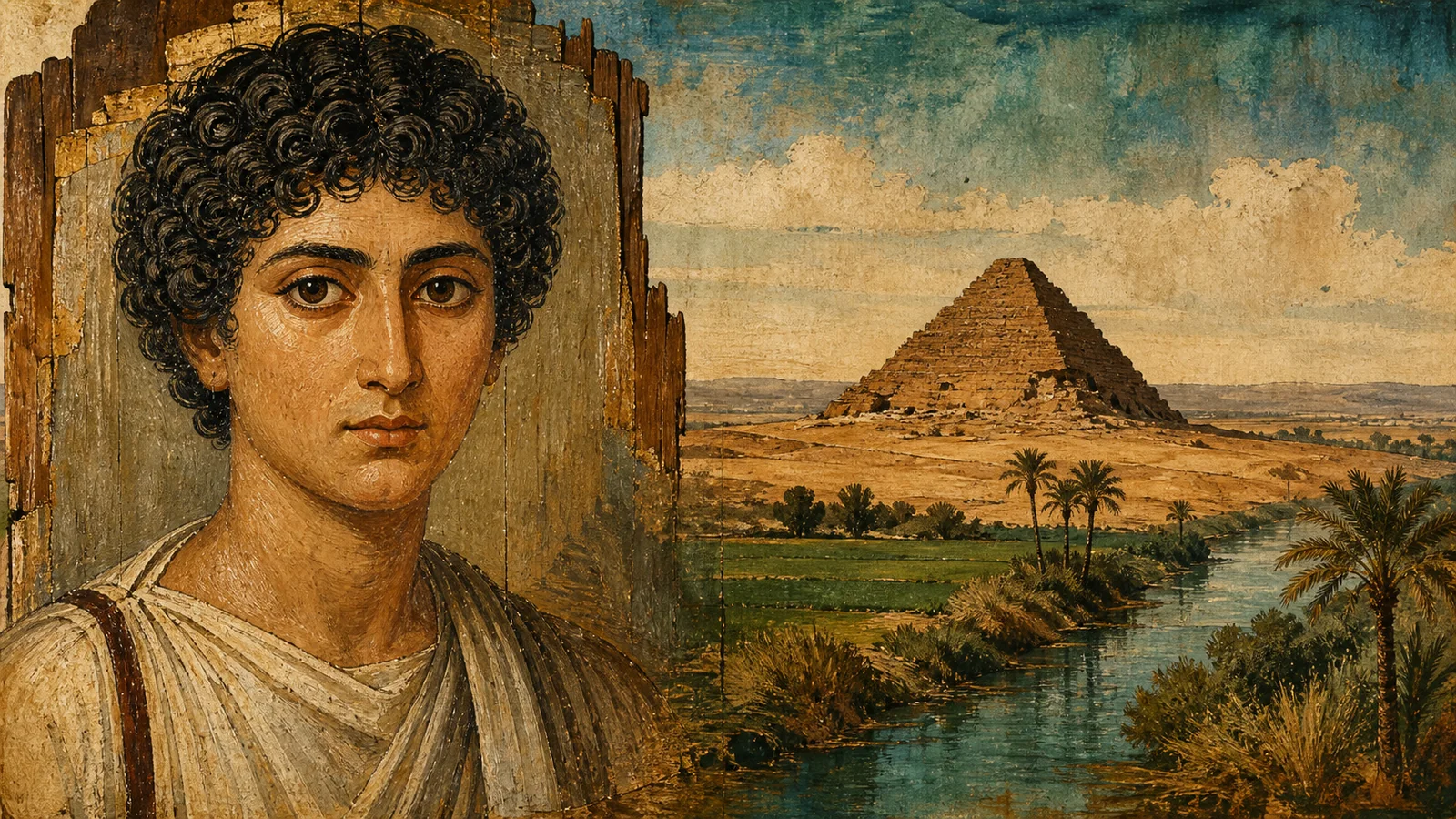 AI-generated editorial collage of an imagined Roman-Egyptian funerary portrait, Hawara’s eroded pyramid and the cultivated Fayum landscape.
